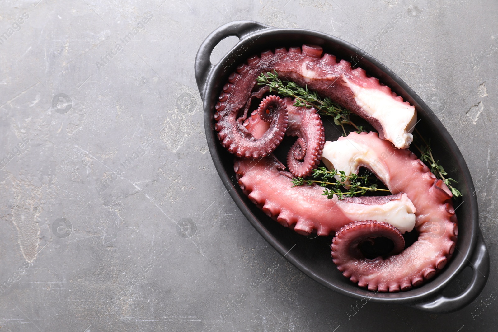 Photo of Fresh raw octopus and thyme in baking dish on grey table, top view. Space for text