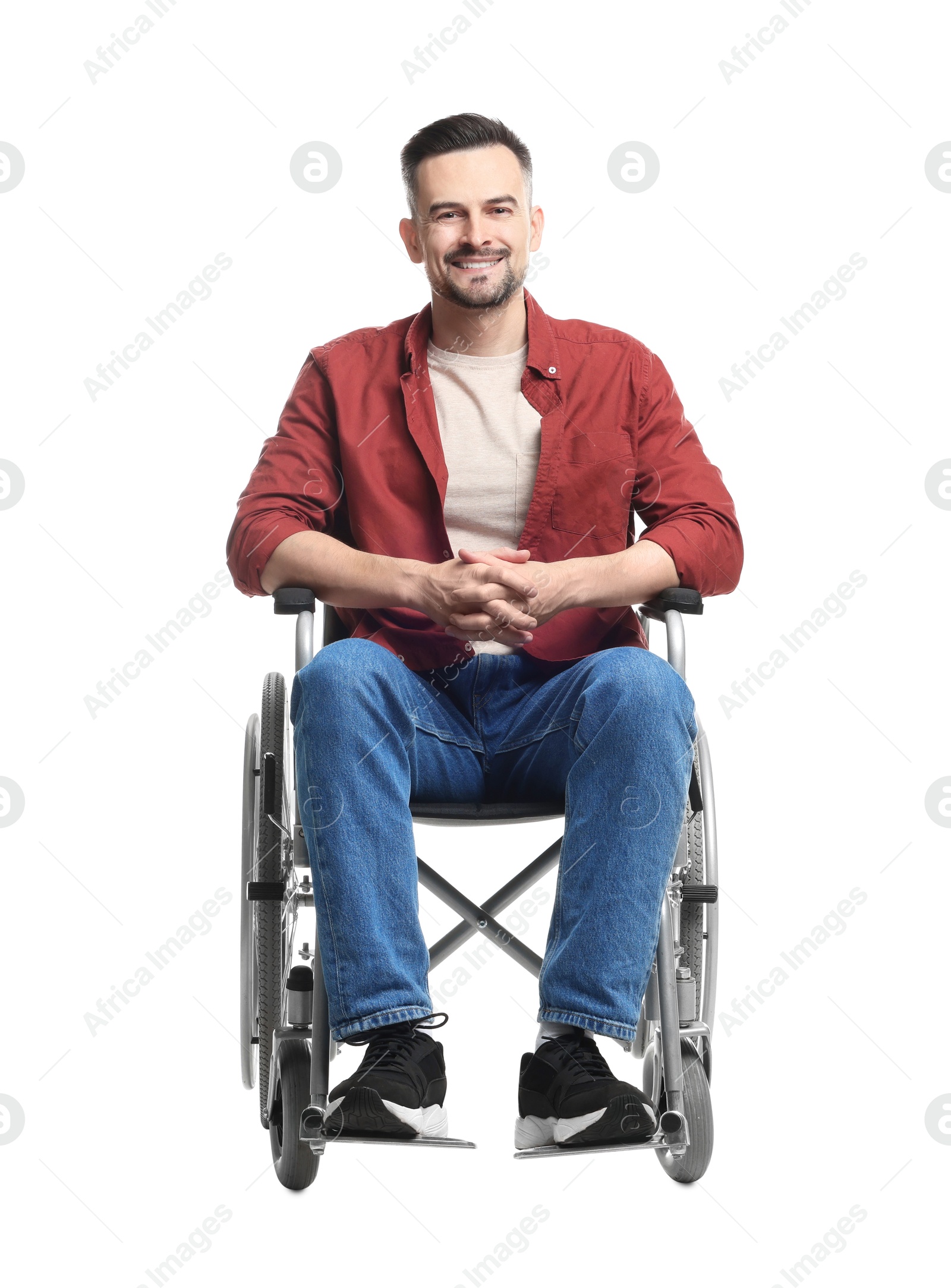 Photo of Smiling man in wheelchair on white background