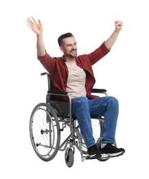 Photo of Excited man in wheelchair on white background