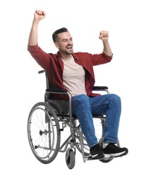 Photo of Excited man in wheelchair on white background