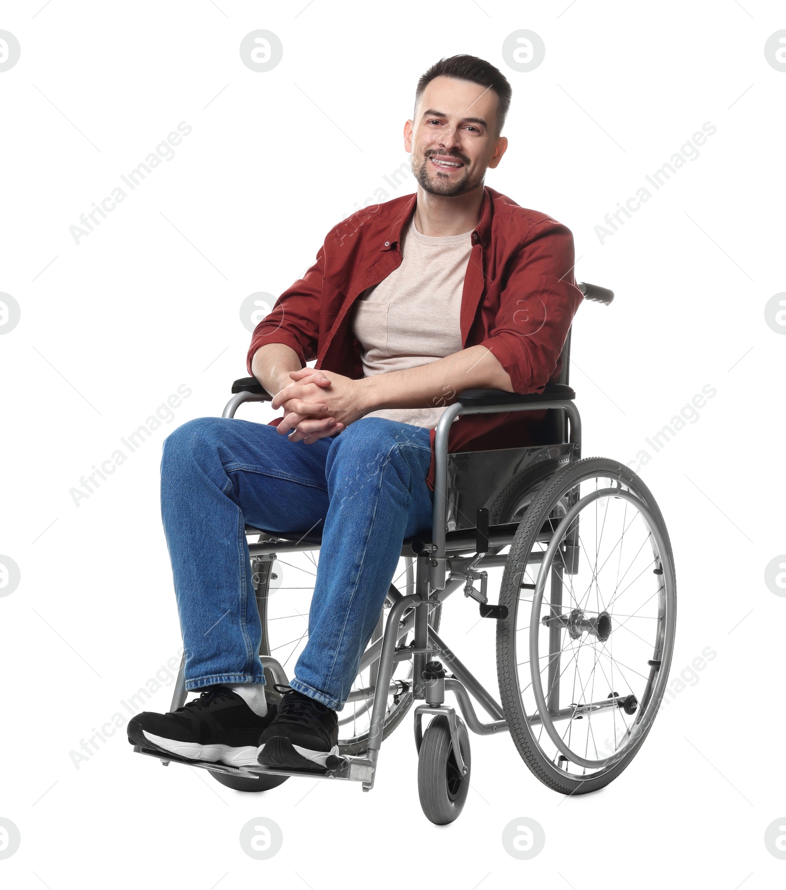 Photo of Smiling man in wheelchair on white background