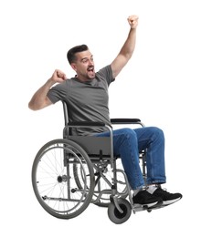 Photo of Excited man in wheelchair on white background