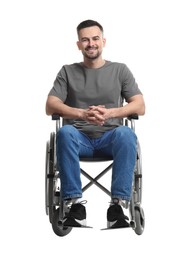 Photo of Smiling man in wheelchair on white background