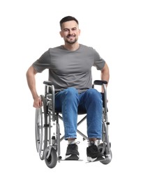 Smiling man in wheelchair on white background