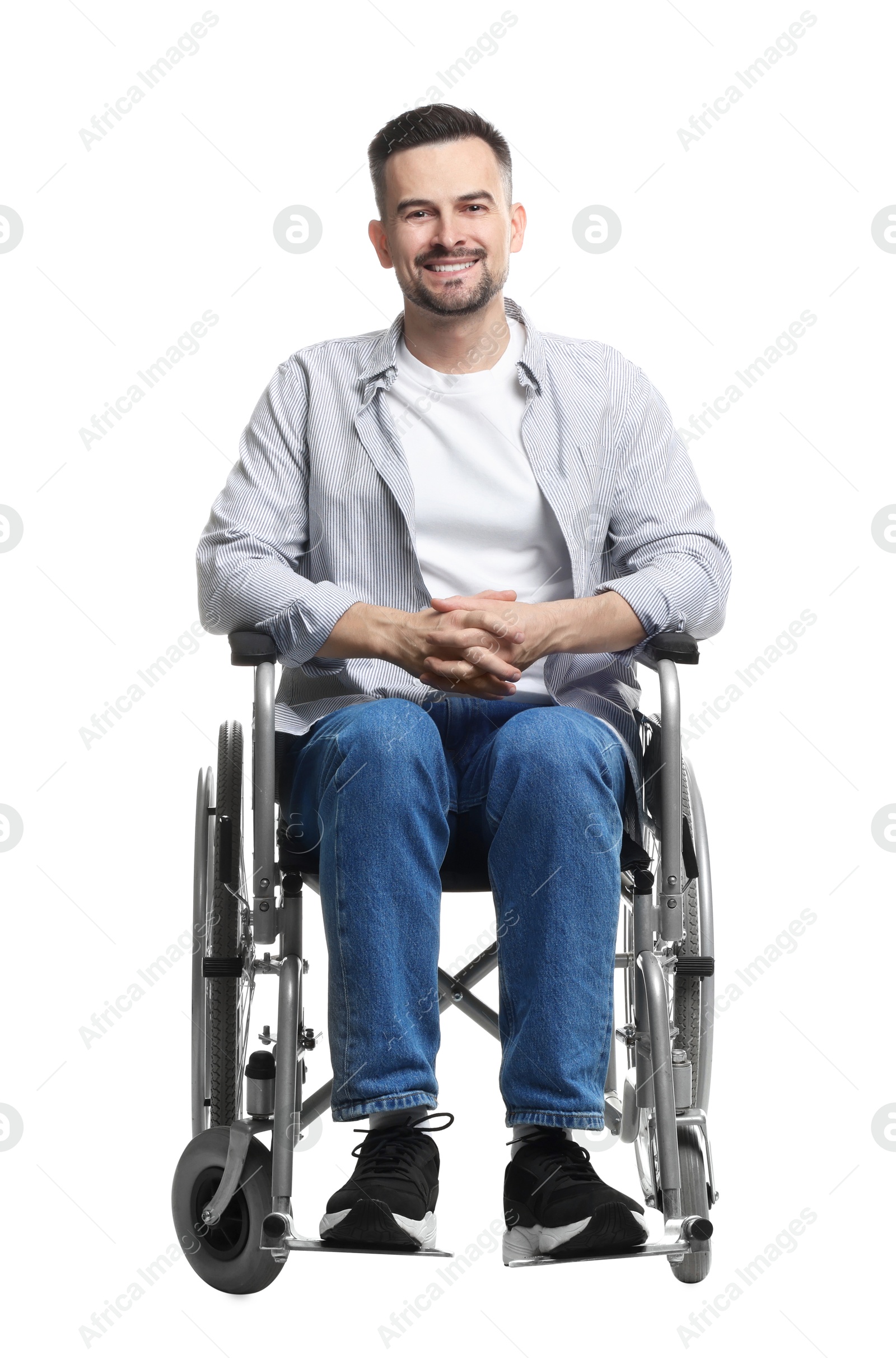 Photo of Smiling man in wheelchair on white background