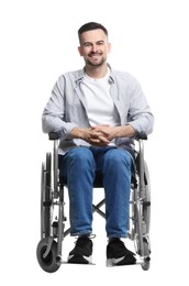 Smiling man in wheelchair on white background