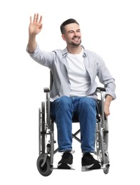 Photo of Man in wheelchair waving at someone on white background