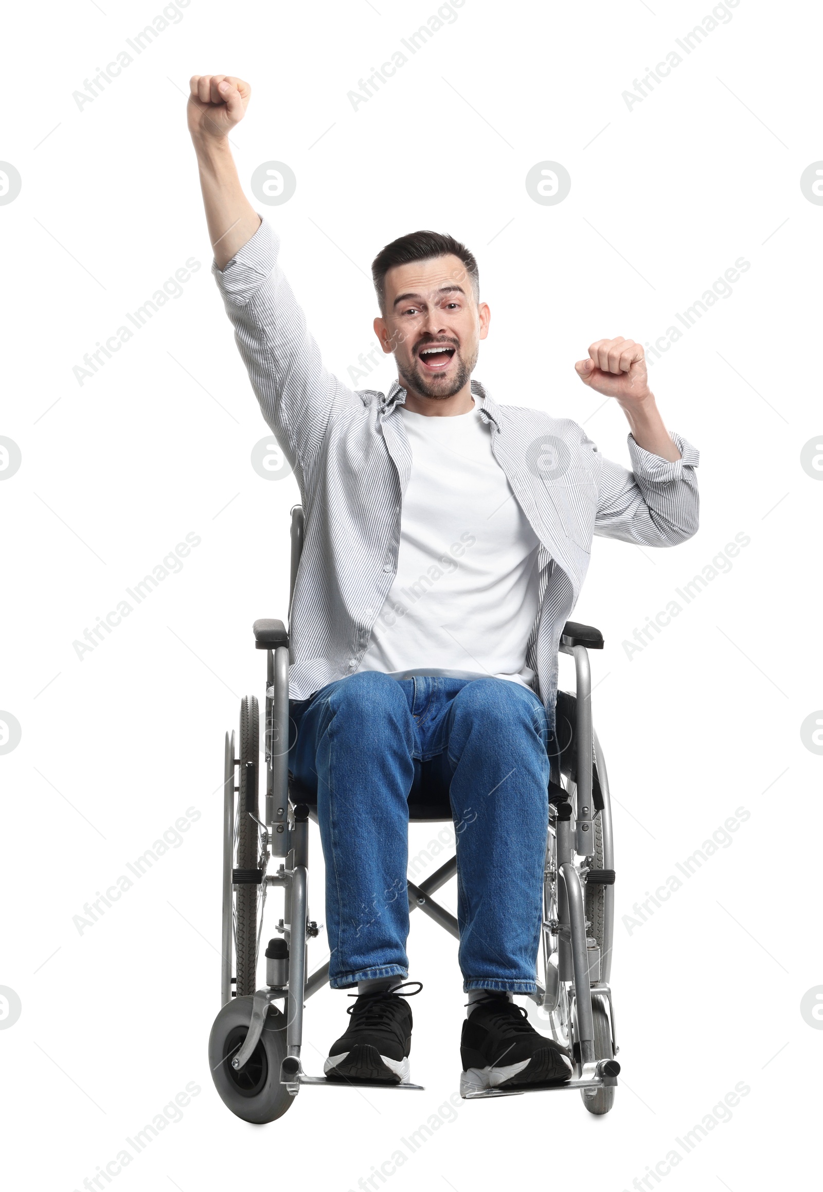 Photo of Excited man in wheelchair on white background