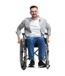 Photo of Smiling man in wheelchair on white background