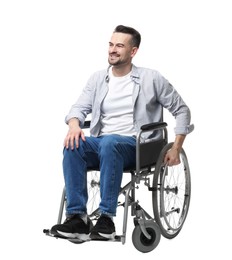 Smiling man in wheelchair on white background