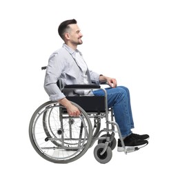 Photo of Smiling man in wheelchair on white background