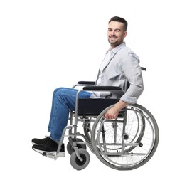 Photo of Smiling man in wheelchair on white background