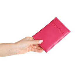 Photo of Woman holding passport in pink cover on white background, closeup