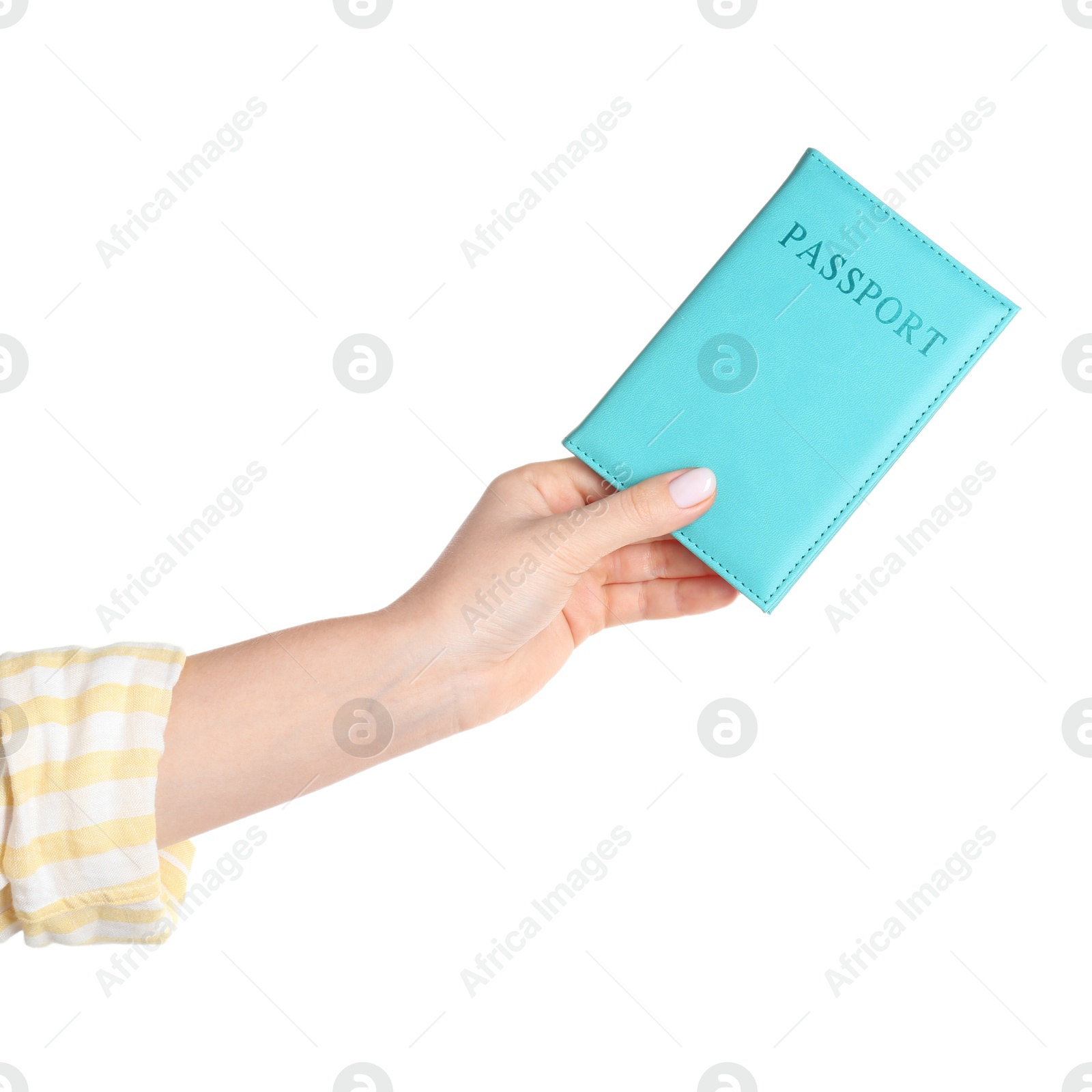 Photo of Woman holding passport in turquoise cover on white background, closeup