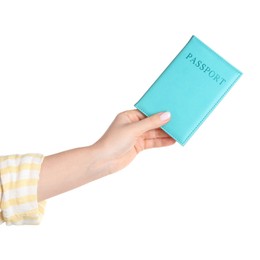 Photo of Woman holding passport in turquoise cover on white background, closeup