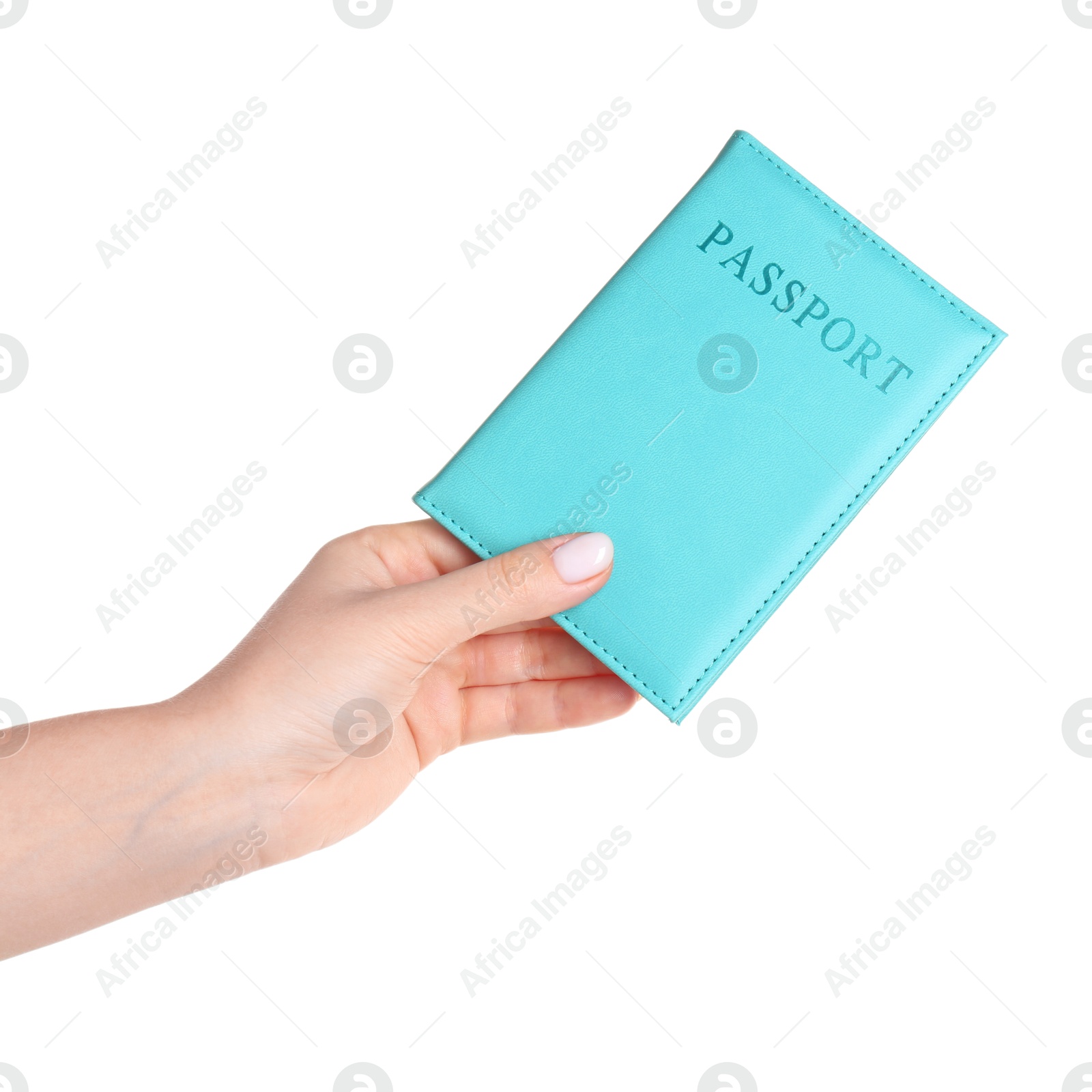 Photo of Woman holding passport in turquoise cover on white background, closeup