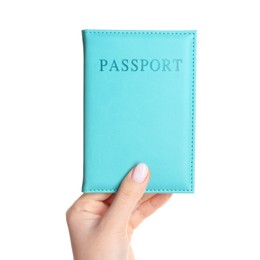 Photo of Woman holding passport in turquoise cover on white background, closeup