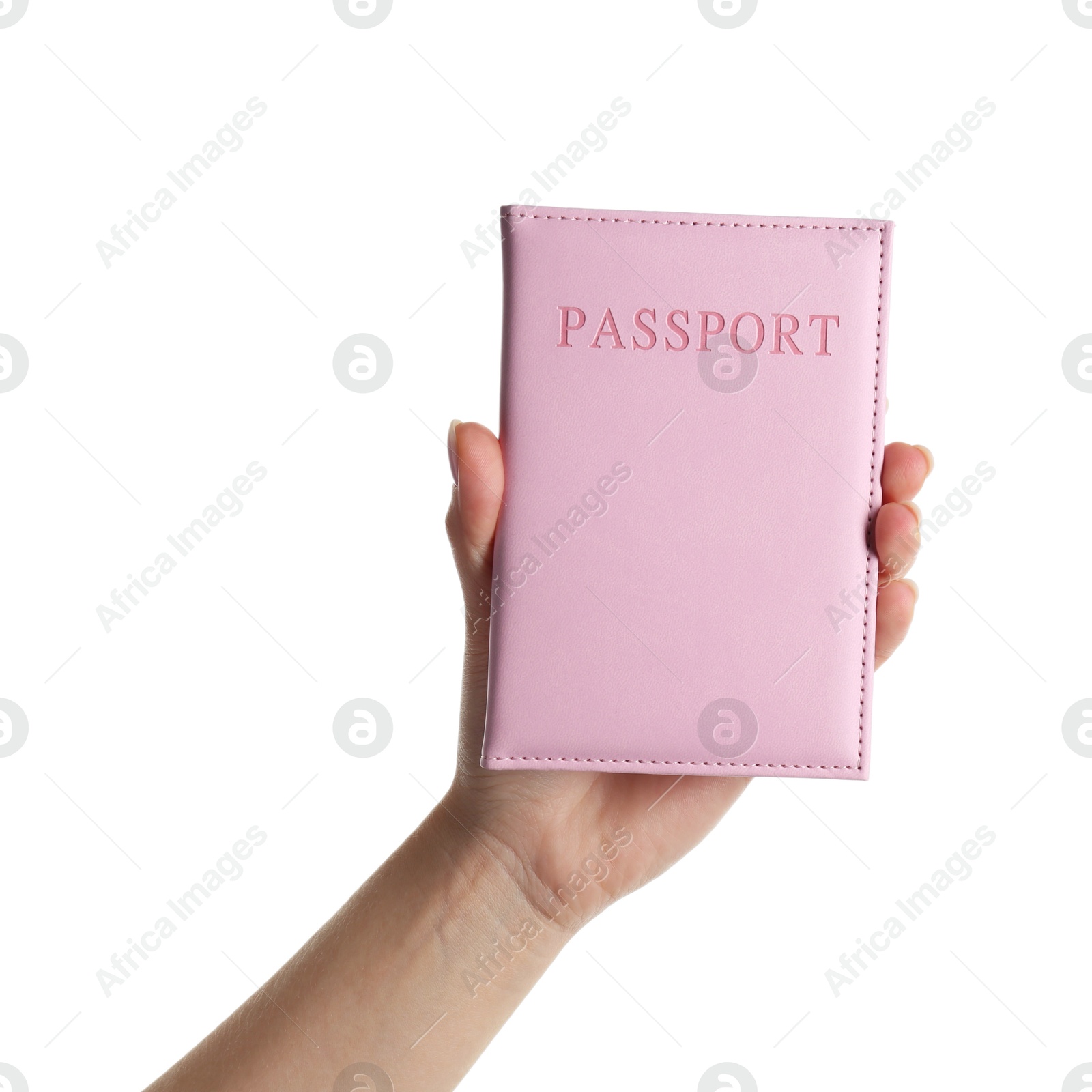 Photo of Woman holding passport in pink cover on white background, closeup