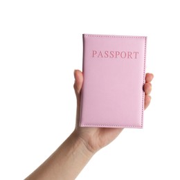 Photo of Woman holding passport in pink cover on white background, closeup