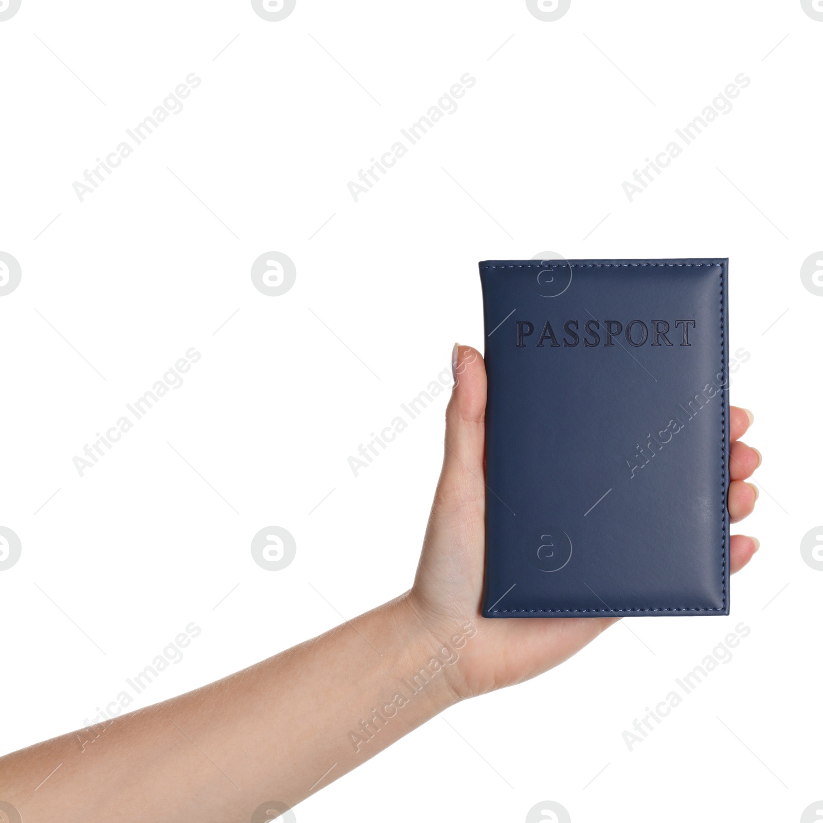 Photo of Woman holding passport in dark blue cover on white background, closeup