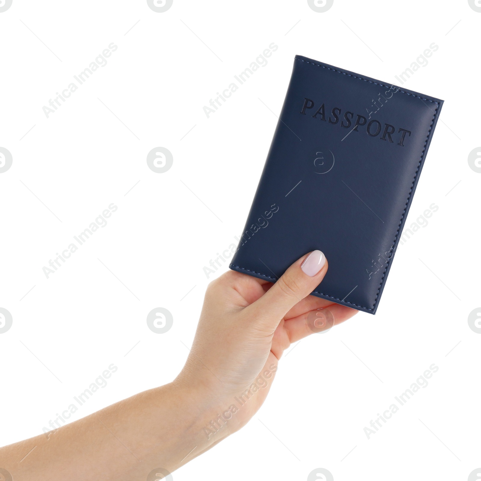 Photo of Woman holding passport in dark blue cover on white background, closeup