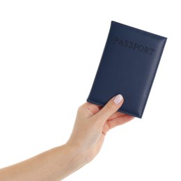 Photo of Woman holding passport in dark blue cover on white background, closeup