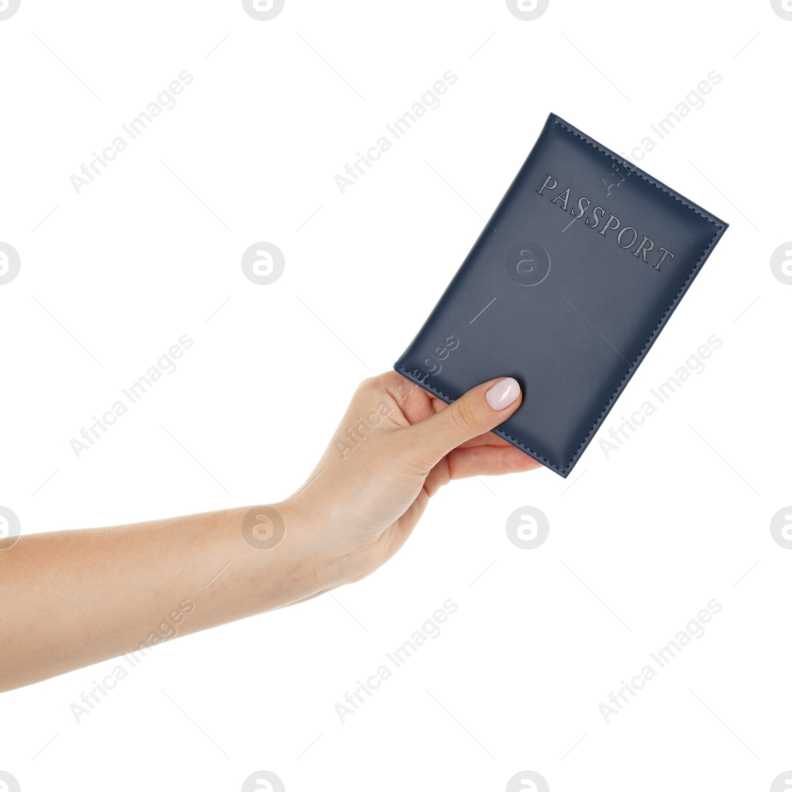 Photo of Woman holding passport in dark blue cover on white background, closeup