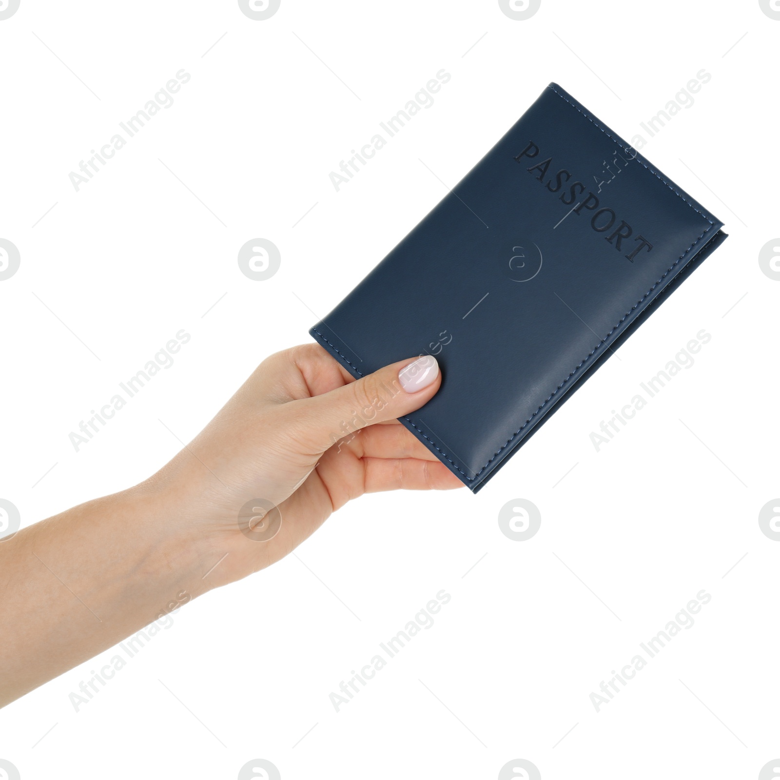 Photo of Woman holding passport in dark blue cover on white background, closeup