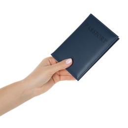 Photo of Woman holding passport in dark blue cover on white background, closeup