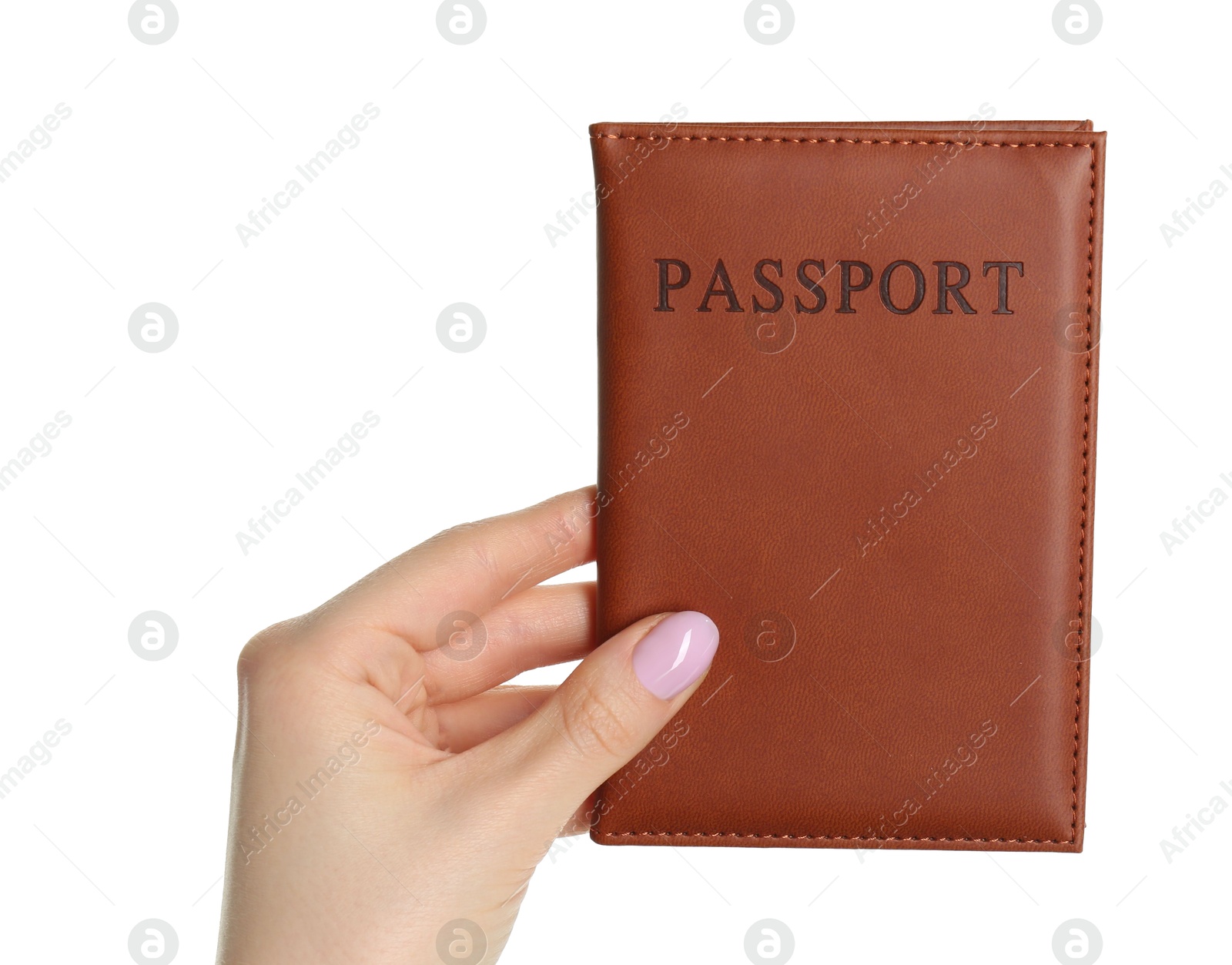 Photo of Woman holding passport in brown cover on white background, closeup