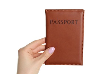 Photo of Woman holding passport in brown cover on white background, closeup