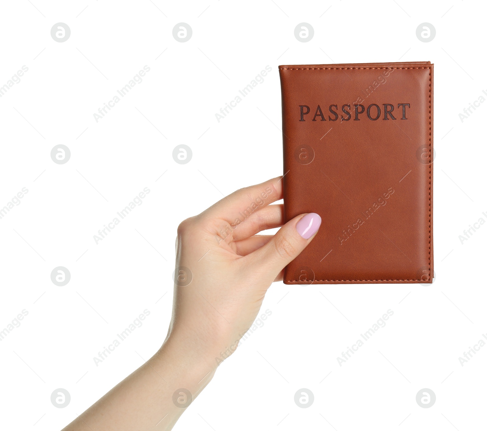 Photo of Woman holding passport in brown cover on white background, closeup