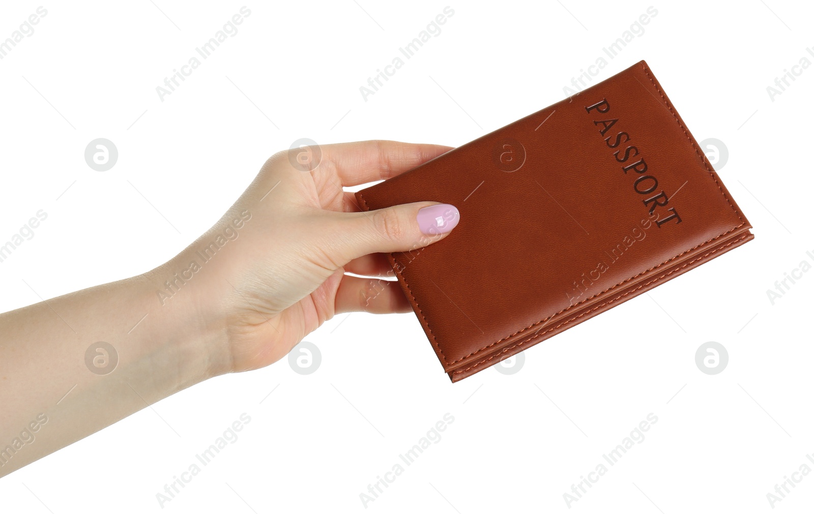 Photo of Woman holding passport in brown cover on white background, closeup