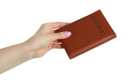 Photo of Woman holding passport in brown cover on white background, closeup