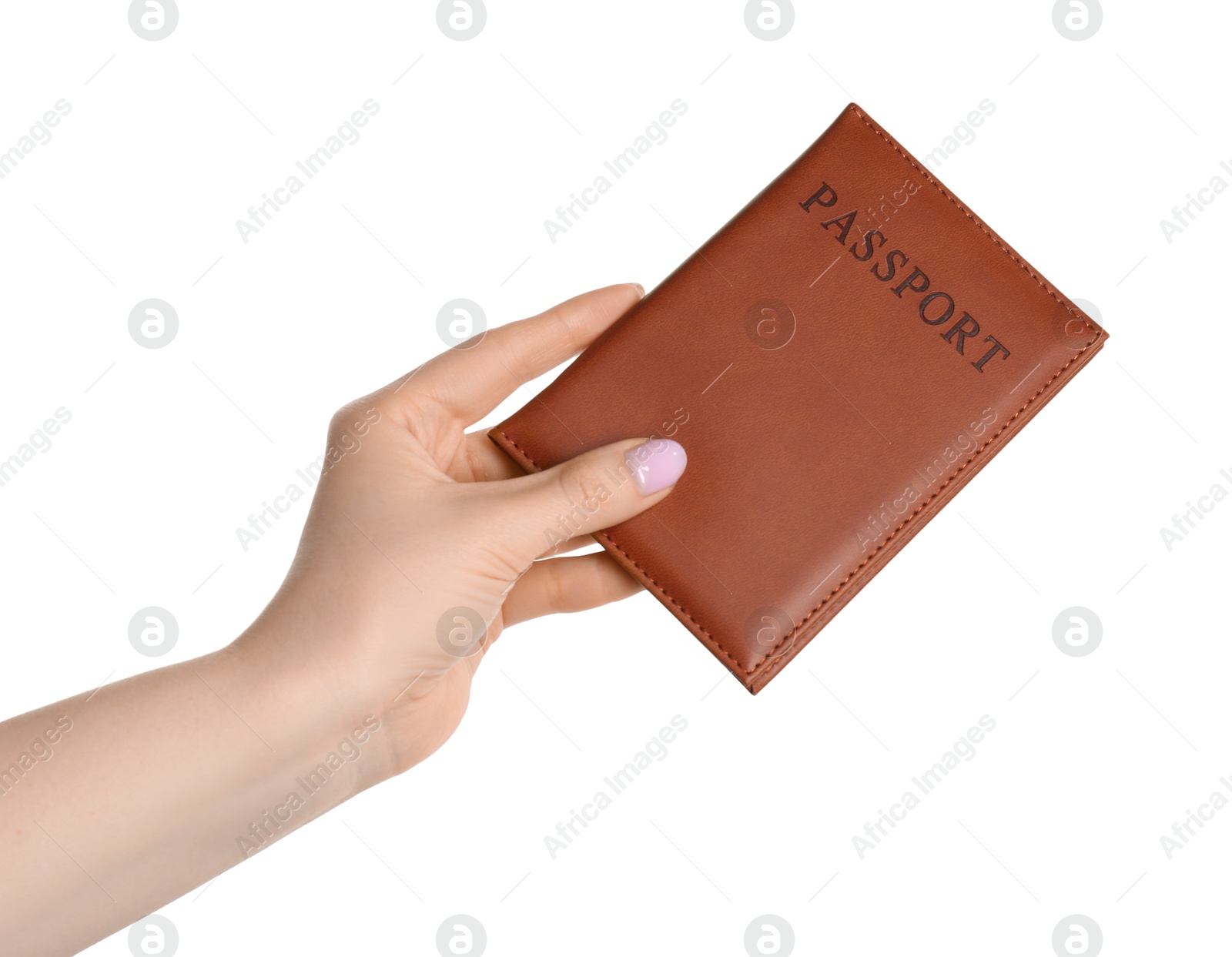 Photo of Woman holding passport in brown cover on white background, closeup