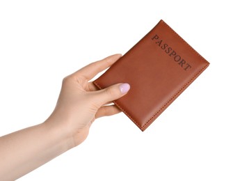 Photo of Woman holding passport in brown cover on white background, closeup