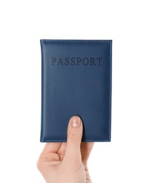 Photo of Woman holding passport in dark blue cover on white background, closeup