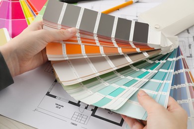 Photo of Designer with color selection chart working at table, closeup