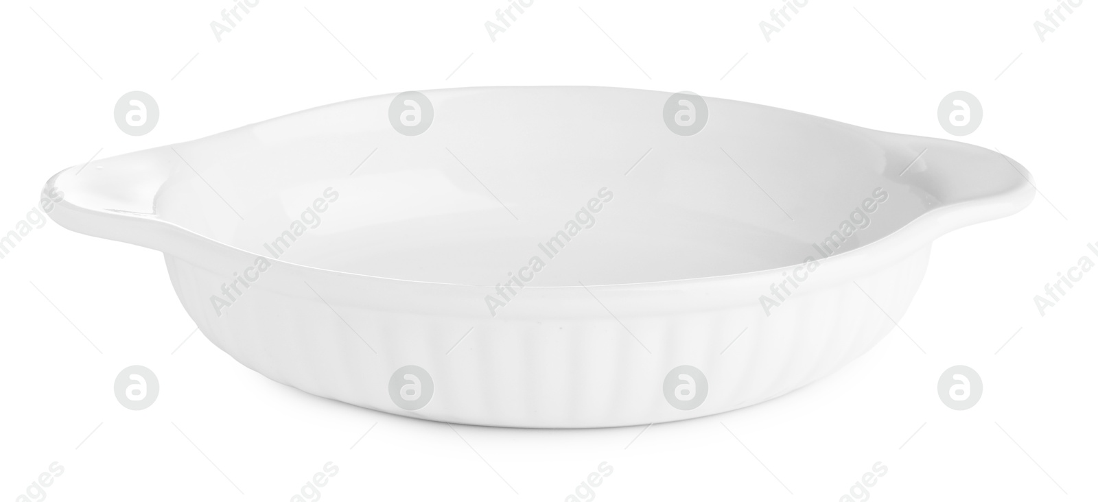 Photo of One ceramic casserole isolated on white. Cooking utensil