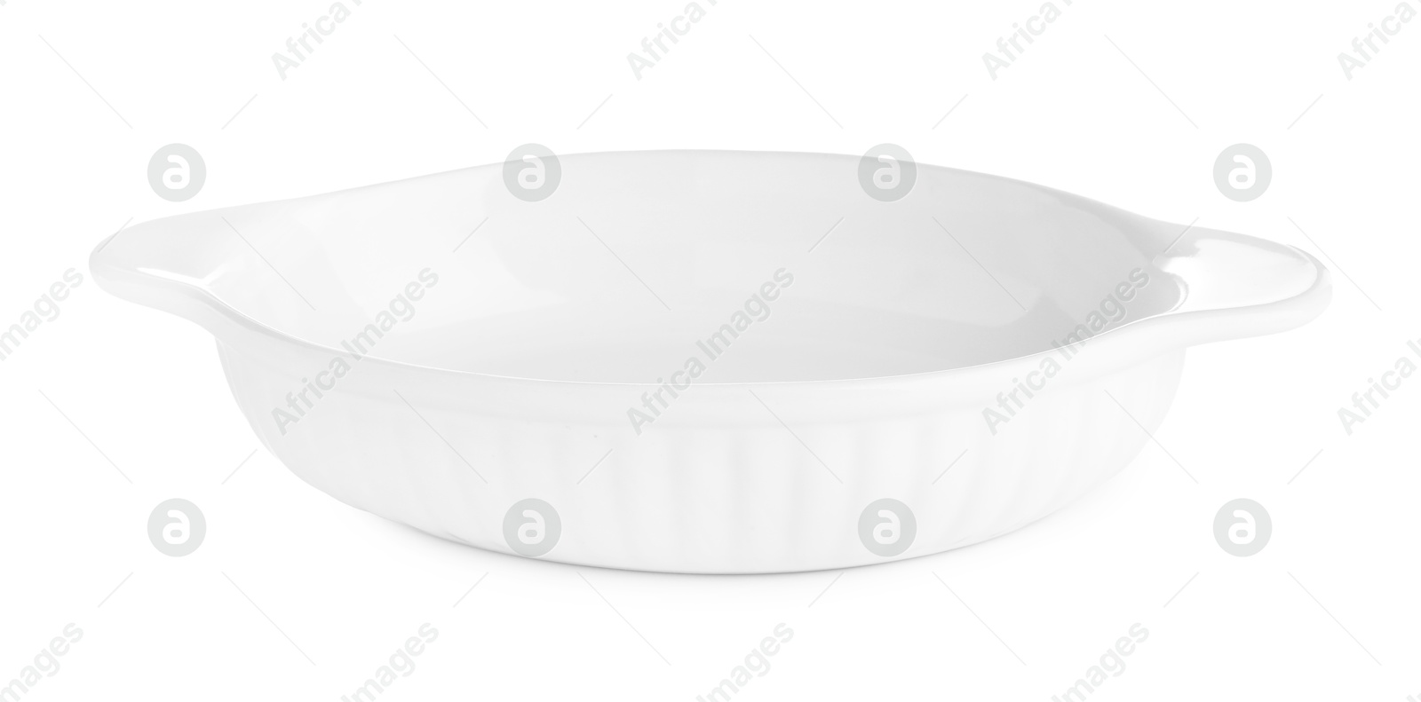 Photo of One ceramic casserole isolated on white. Cooking utensil