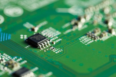 Photo of Computer circuit board, macro view. Electronic engineering