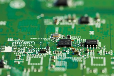 Photo of Computer circuit board, macro view. Electronic engineering