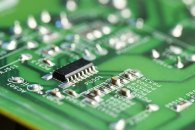 Photo of Computer circuit board, macro view. Electronic engineering