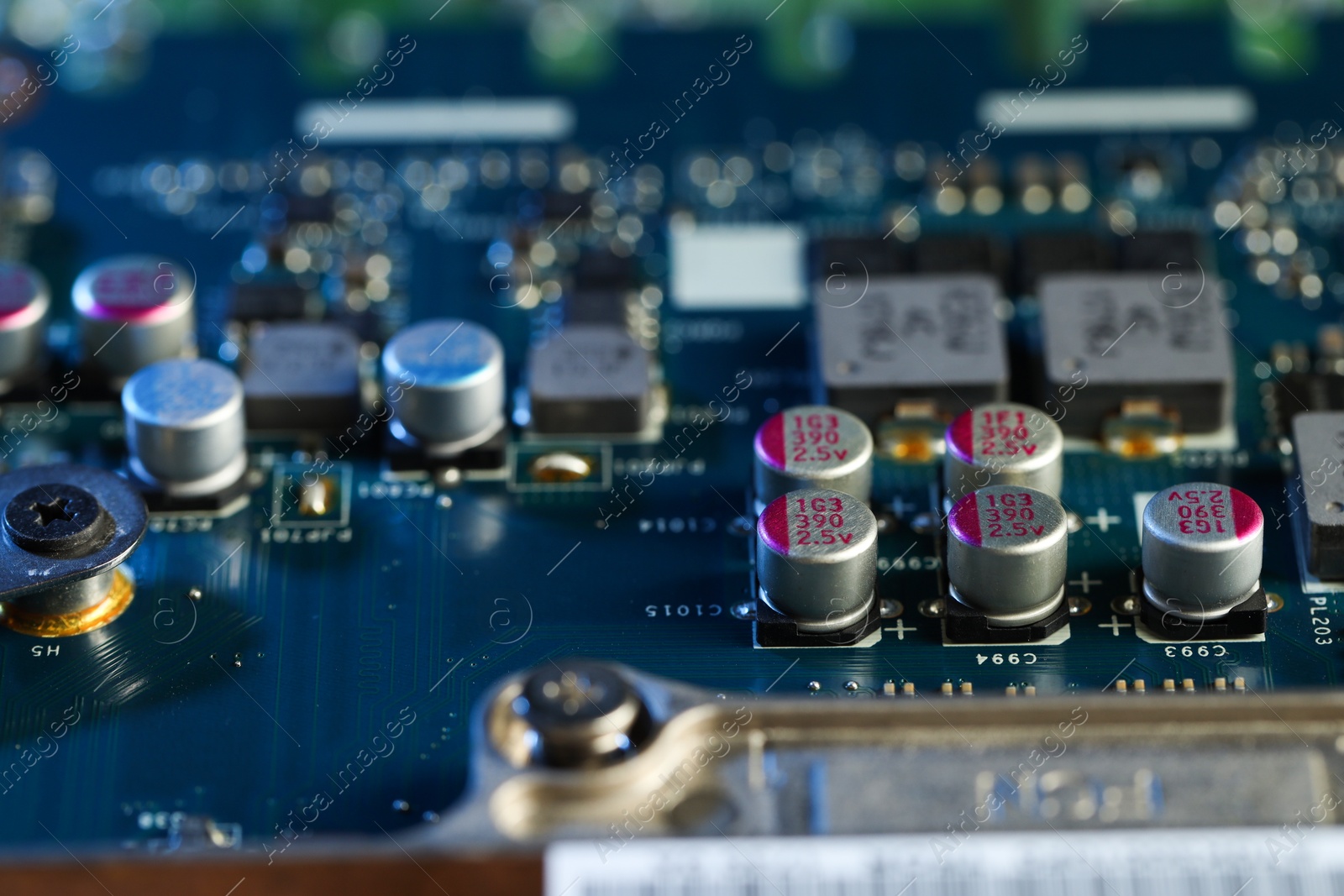 Photo of Macro view of computer motherboard. Electronic engineering