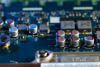 Macro view of computer motherboard. Electronic engineering