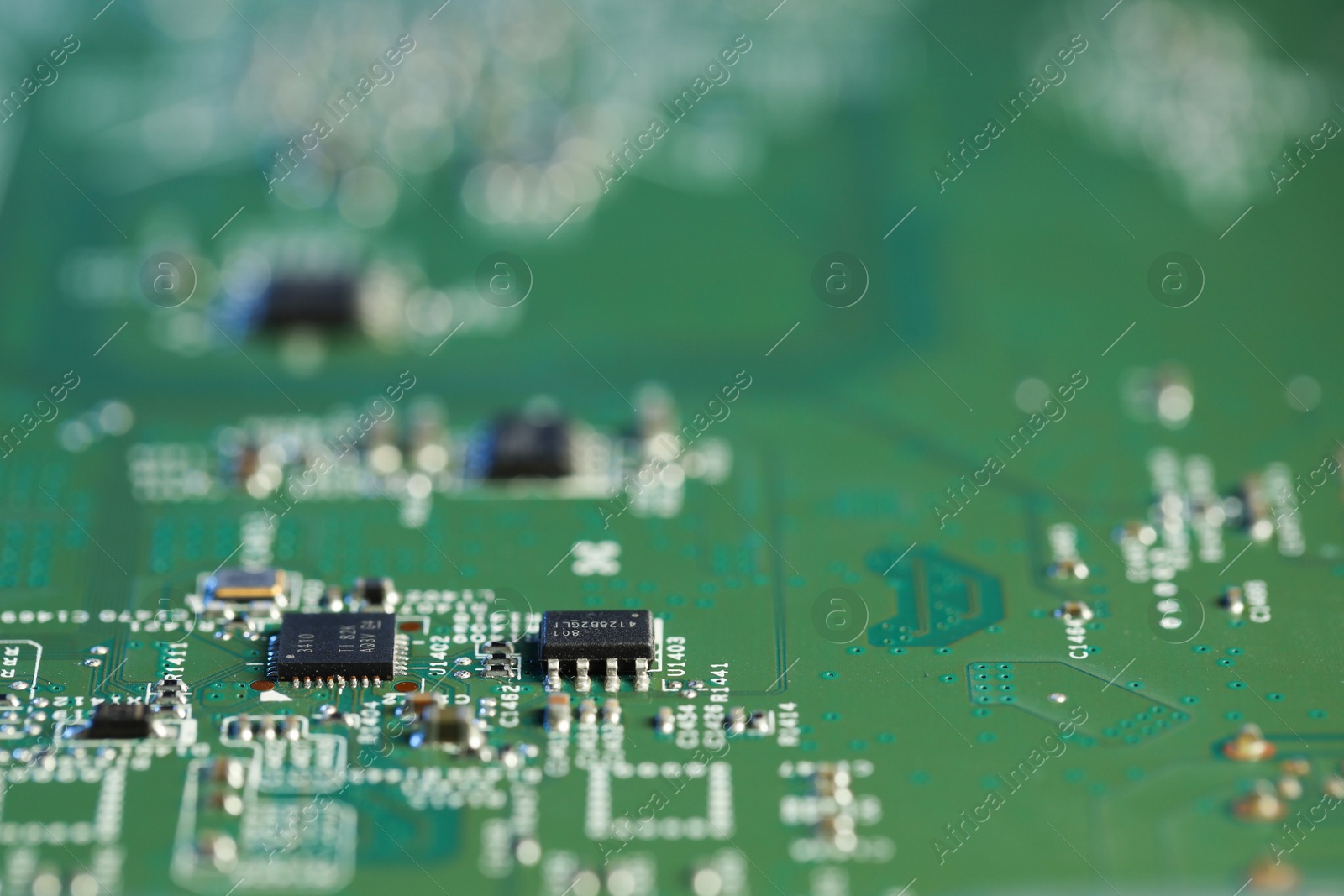 Photo of Computer circuit board, macro view. Electronic engineering