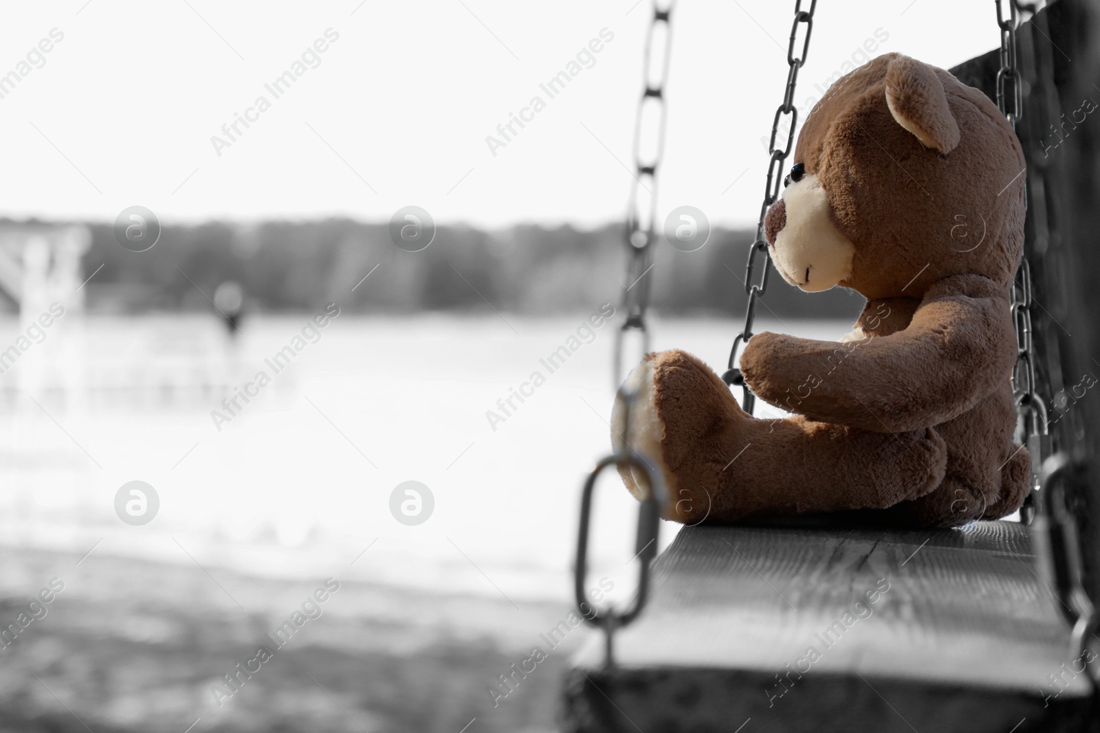 Photo of Lonely teddy bear on swing near river, space for text