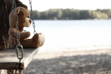 Photo of Lonely teddy bear on swing near river, space for text