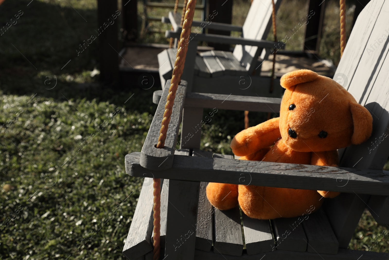 Photo of Lonely teddy bear on swing in park