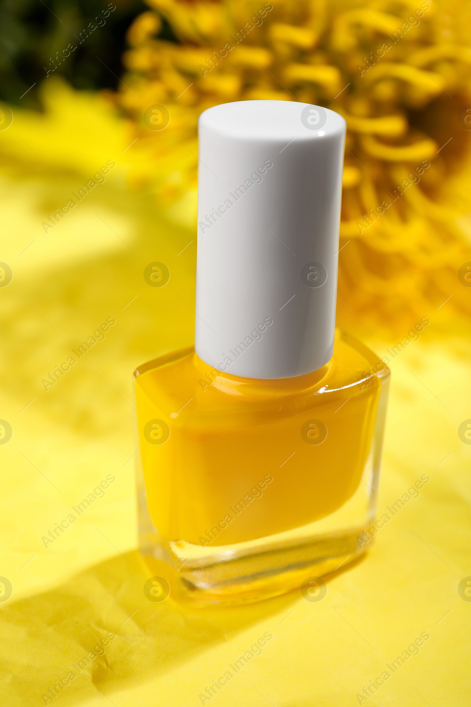 Photo of Nail polish in bottle on yellow background, closeup